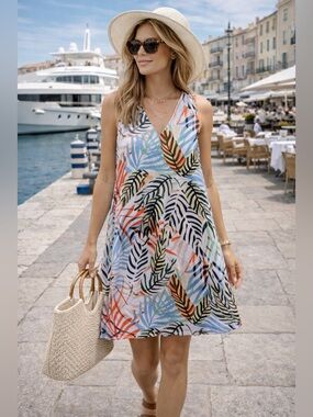 Tahari 100% Linen Tropical Print Shift Dress  M Sleeveless Resort Vacation